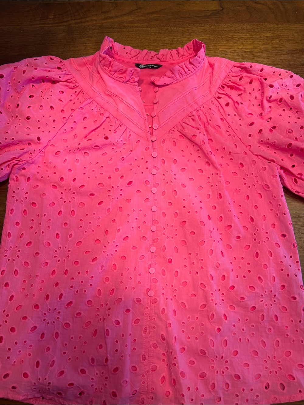 Bright Pink Eyelet Button-Front Blouse with Ruffle Collar